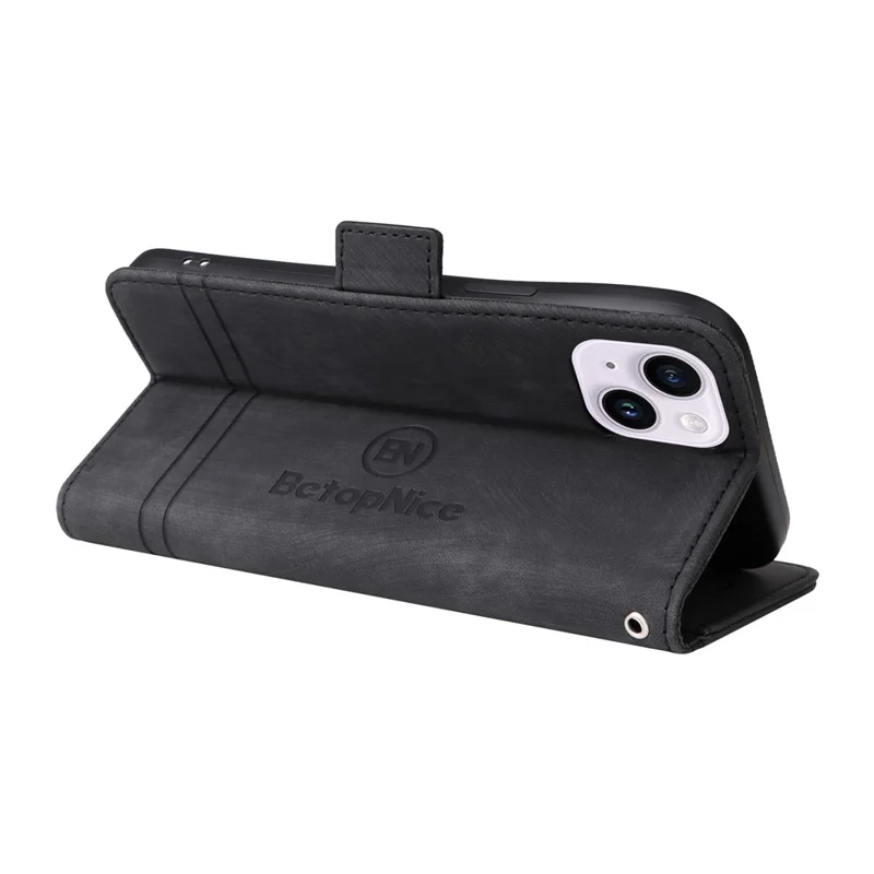 BETOPNICE 001 Pour iPhone 15 Plus Coque de protection en PU résistante aux chocs avec support Multifonctionnelle Portefeuille Étui de téléphone - Noir