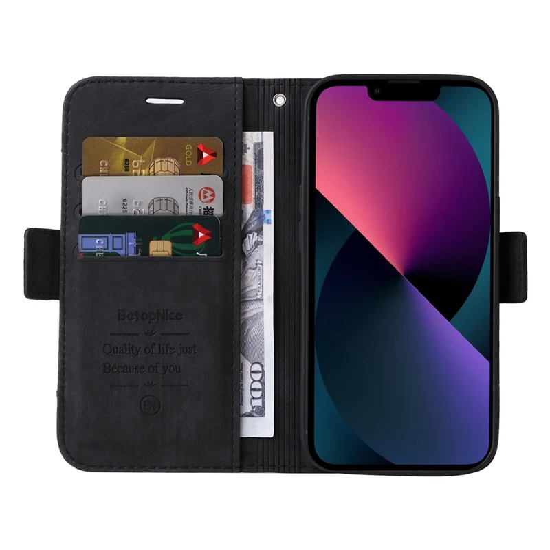 BETOPNICE 001 Custodia portafoglio per iPhone 15 Smartphone Cover Custodia per cellulare Custodia antiurto in pelle PU con supporto - Nero