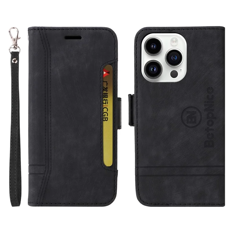 BETOPNICE 001 Schutzhülle für iPhone 15 Pro Max Handy - Stoßfestes PU-Leder-Standhülle mit Kartenfächern - Schwarz