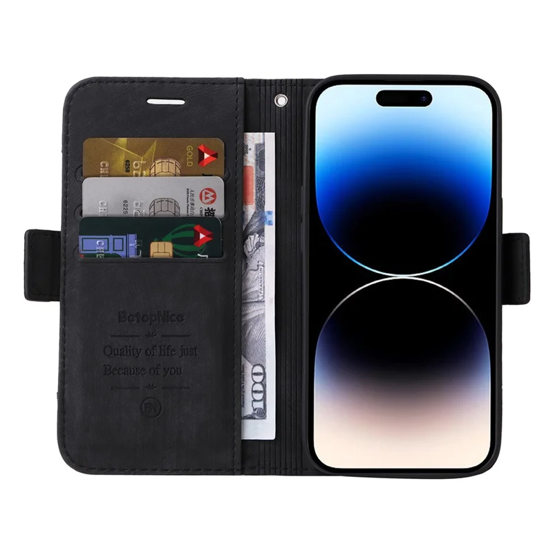 BETOPNICE 001 Schutzhülle für iPhone 15 Pro Max Handy - Stoßfestes PU-Leder-Standhülle mit Kartenfächern - Schwarz