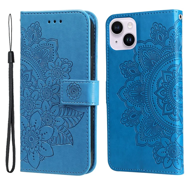 Per iPhone 15 Plus Anti-Scratch PU Leather Cover Imprinted Flower Pattern Phone Stand Case Wallet Phone Shell - Blu