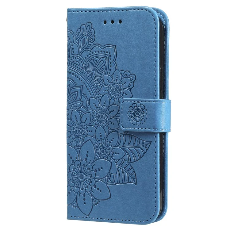 Per iPhone 15 Plus Anti-Scratch PU Leather Cover Imprinted Flower Pattern Phone Stand Case Wallet Phone Shell - Blu