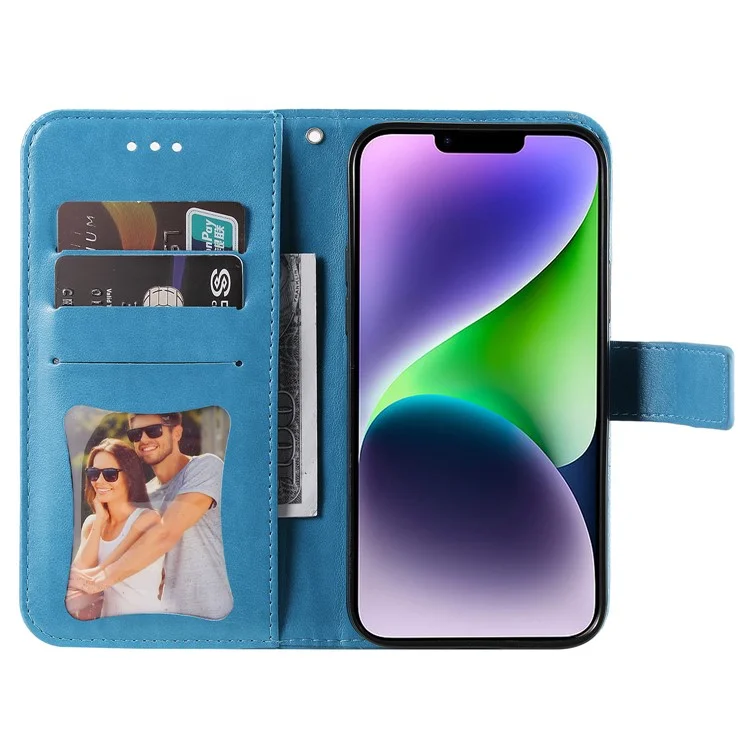 Per iPhone 15 Plus Anti-Scratch PU Leather Cover Imprinted Flower Pattern Phone Stand Case Wallet Phone Shell - Blu