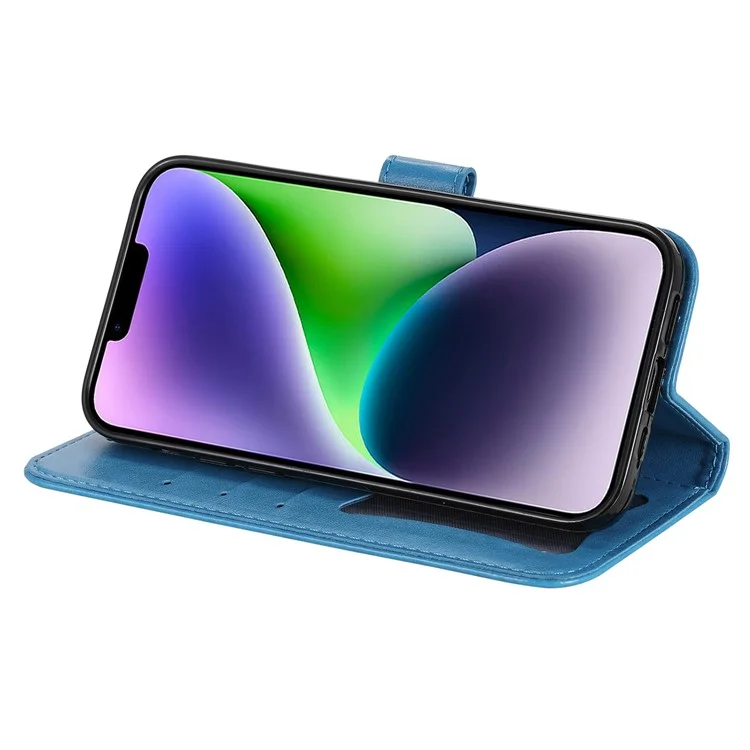 Per iPhone 15 Plus Anti-Scratch PU Leather Cover Imprinted Flower Pattern Phone Stand Case Wallet Phone Shell - Blu