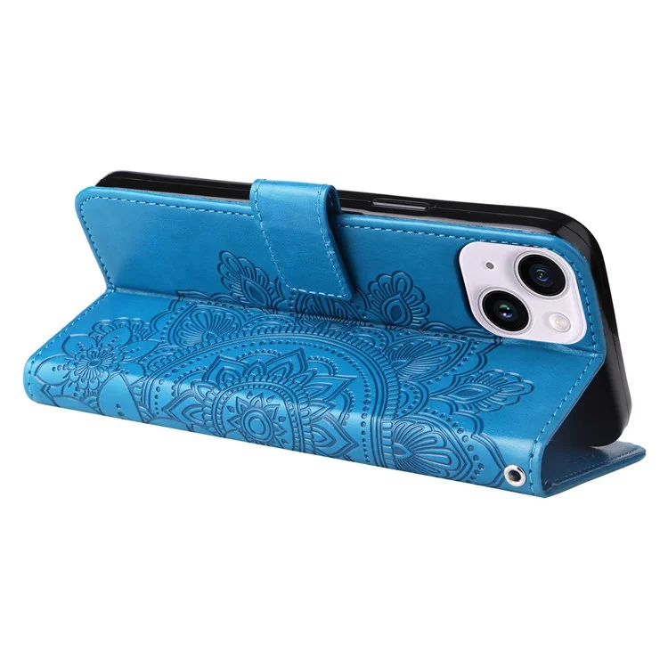 Per iPhone 15 Plus Anti-Scratch PU Leather Cover Imprinted Flower Pattern Phone Stand Case Wallet Phone Shell - Blu