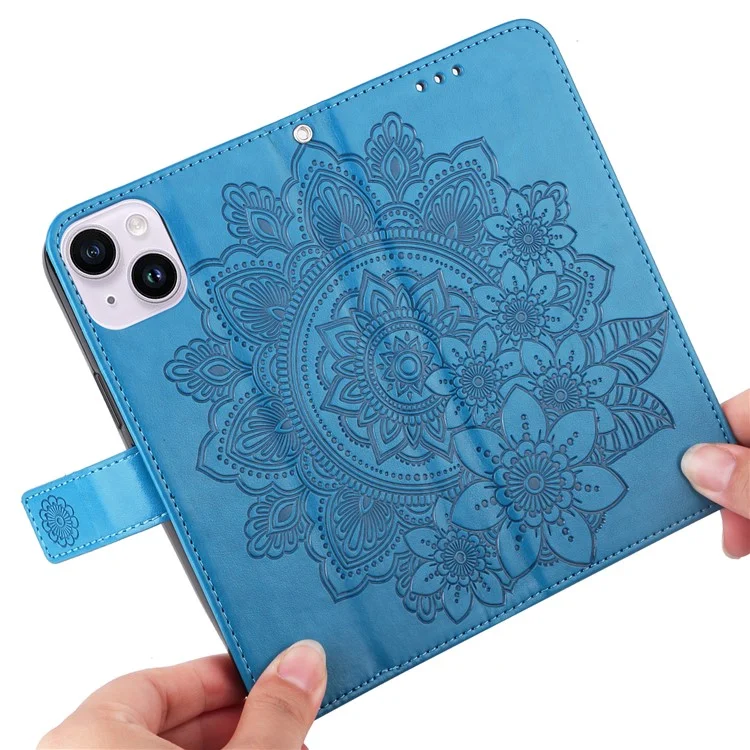 Per iPhone 15 Plus Anti-Scratch PU Leather Cover Imprinted Flower Pattern Phone Stand Case Wallet Phone Shell - Blu
