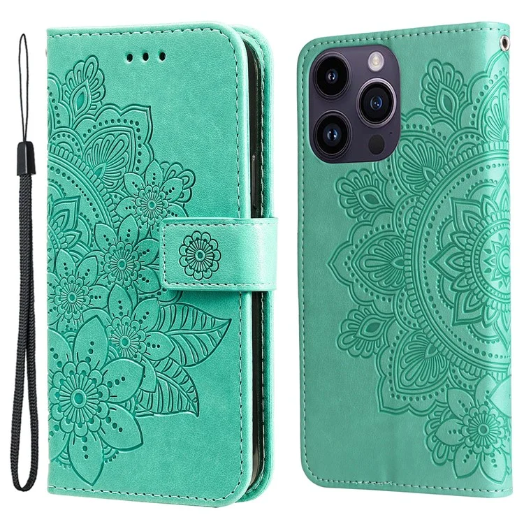 Para iPhone 15 Pro Max Stand Phone Case Wallet Imprinted Flower Pattern TPU+PU Leather Cover Shell - Verde