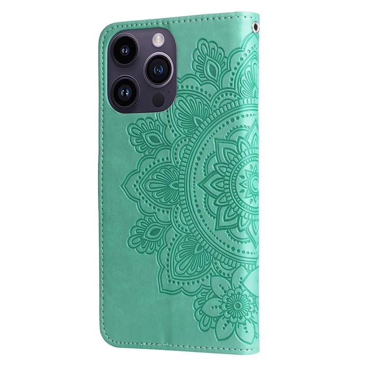Para iPhone 15 Pro Max Stand Phone Case Wallet Imprinted Flower Pattern TPU+PU Leather Cover Shell - Verde