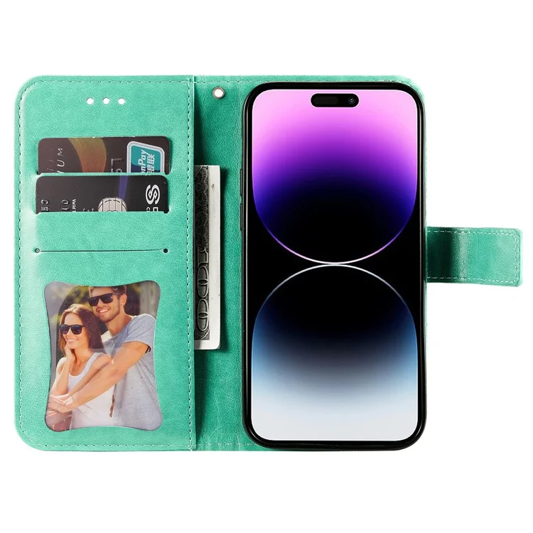 Para iPhone 15 Pro Max Stand Phone Case Wallet Imprinted Flower Pattern TPU+PU Leather Cover Shell - Verde