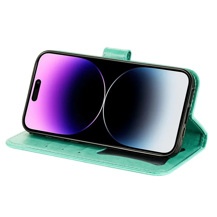 Para iPhone 15 Pro Max Stand Phone Case Wallet Imprinted Flower Pattern TPU+PU Leather Cover Shell - Verde