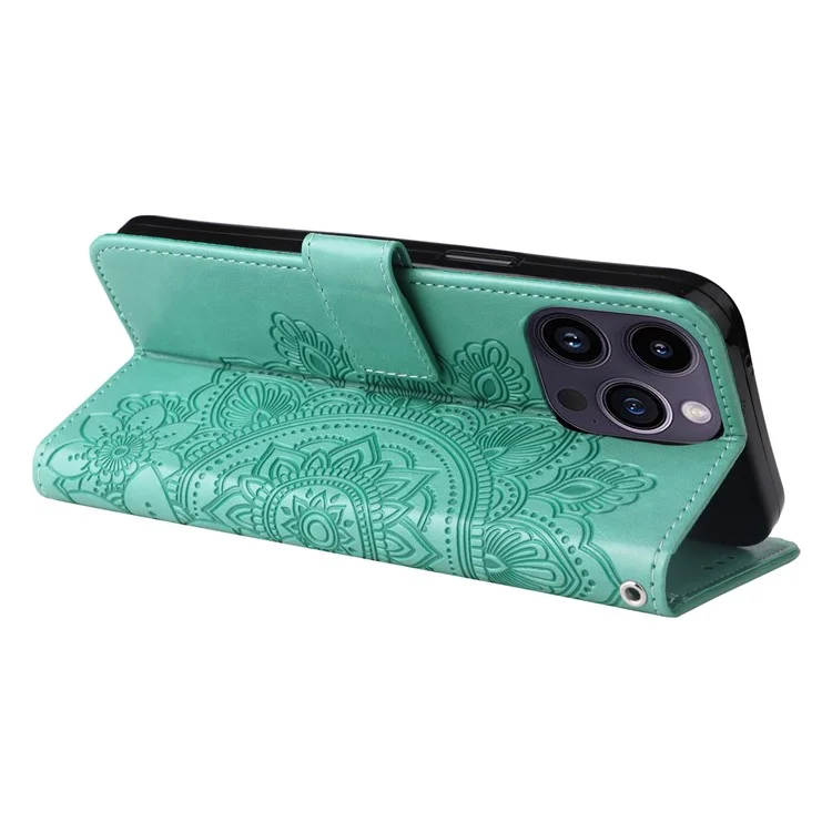 Para iPhone 15 Pro Max Stand Phone Case Wallet Imprinted Flower Pattern TPU+PU Leather Cover Shell - Verde