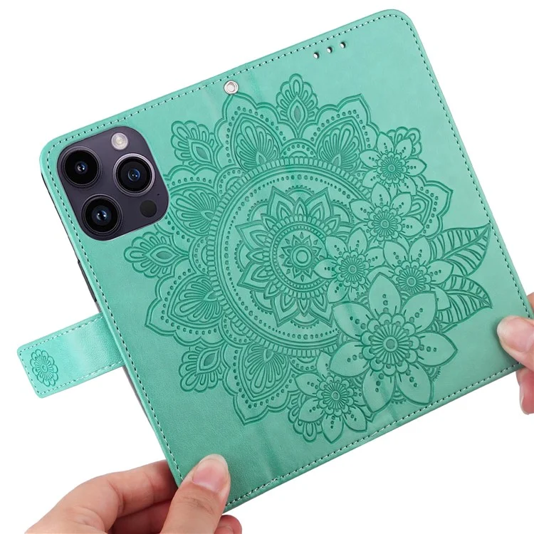 Para iPhone 15 Pro Max Stand Phone Case Wallet Imprinted Flower Pattern TPU+PU Leather Cover Shell - Verde