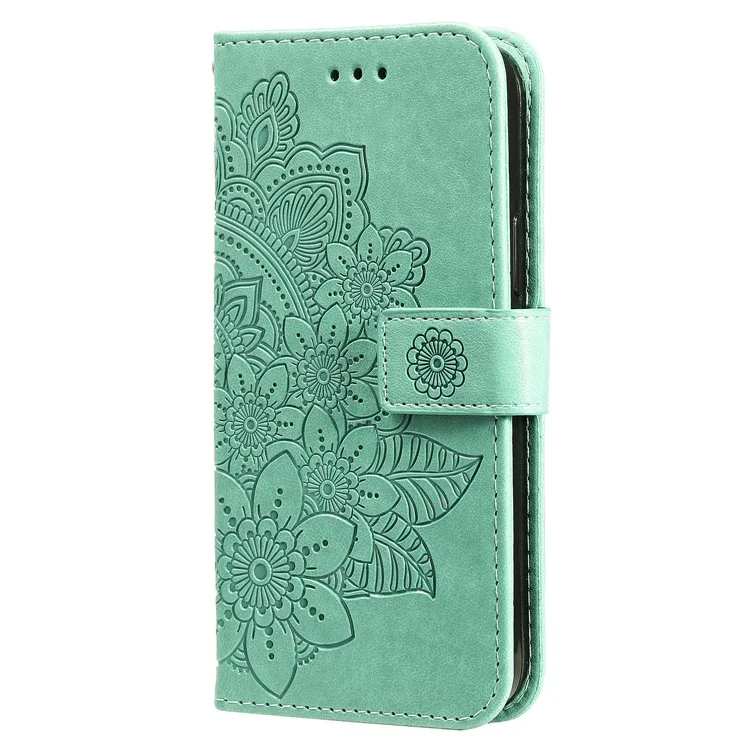 Para iPhone 15 Pro Max Stand Phone Case Wallet Imprinted Flower Pattern TPU+PU Leather Cover Shell - Verde