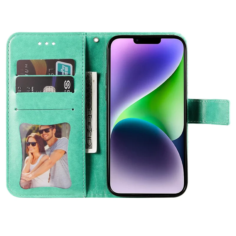 Für iPhone 15 Hülle Blumenmuster PU-Leder Geldbörse Ständer Handyhülle - Grün
