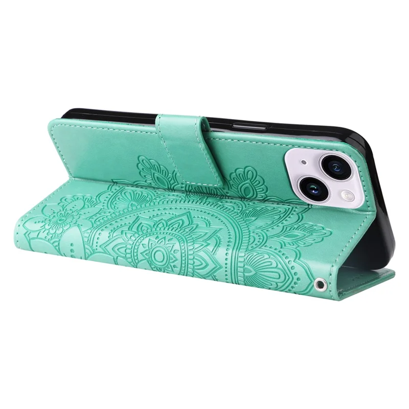 Für iPhone 15 Hülle Blumenmuster PU-Leder Geldbörse Ständer Handyhülle - Grün