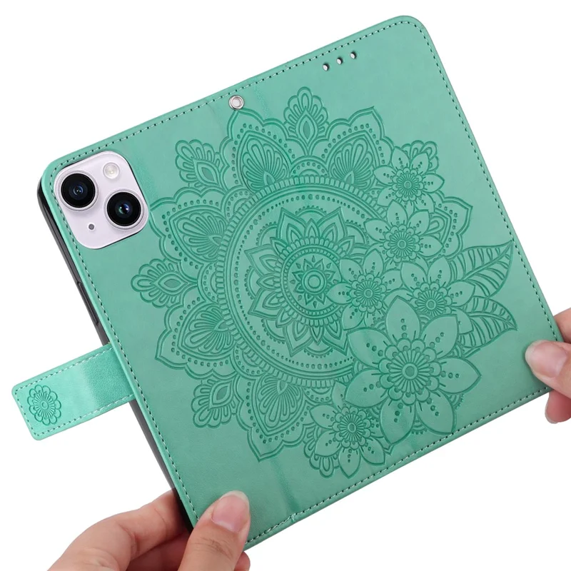 Für iPhone 15 Hülle Blumenmuster PU-Leder Geldbörse Ständer Handyhülle - Grün