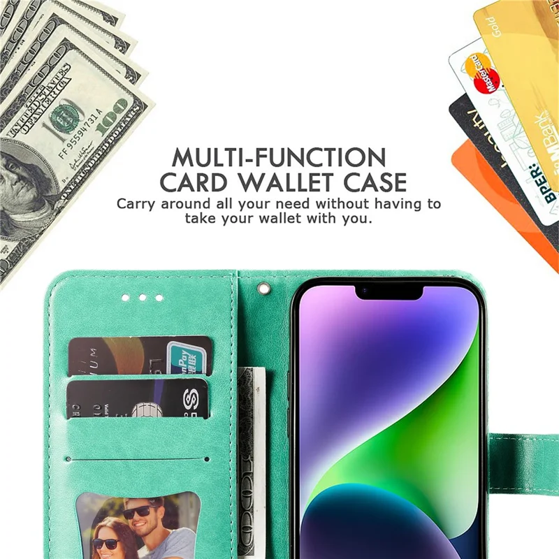 Für iPhone 15 Hülle Blumenmuster PU-Leder Geldbörse Ständer Handyhülle - Grün