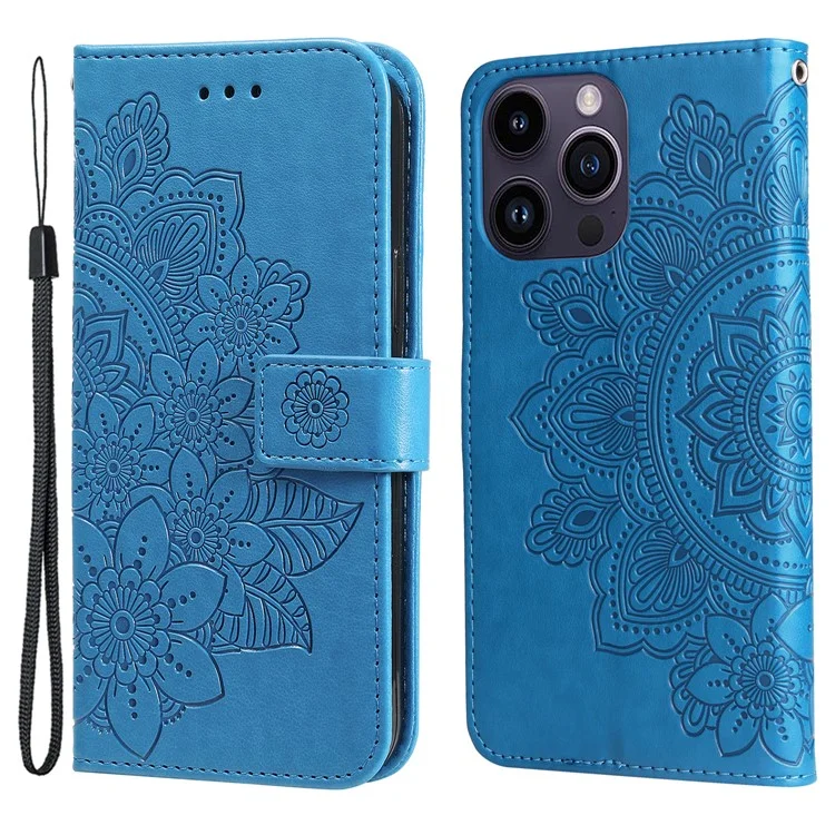 Para iPhone 15 Pro Imprinted Flower Pattern Phone Stand Case Wallet Phone Shell PU Leather Cover - Blue