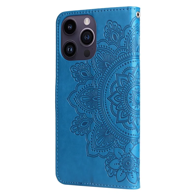 Para iPhone 15 Pro Imprinted Flower Pattern Phone Stand Case Wallet Phone Shell PU Leather Cover - Blue