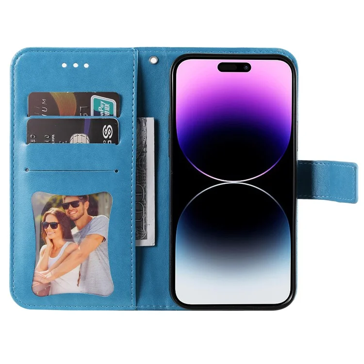 Para iPhone 15 Pro Imprinted Flower Pattern Phone Stand Case Wallet Phone Shell PU Leather Cover - Blue