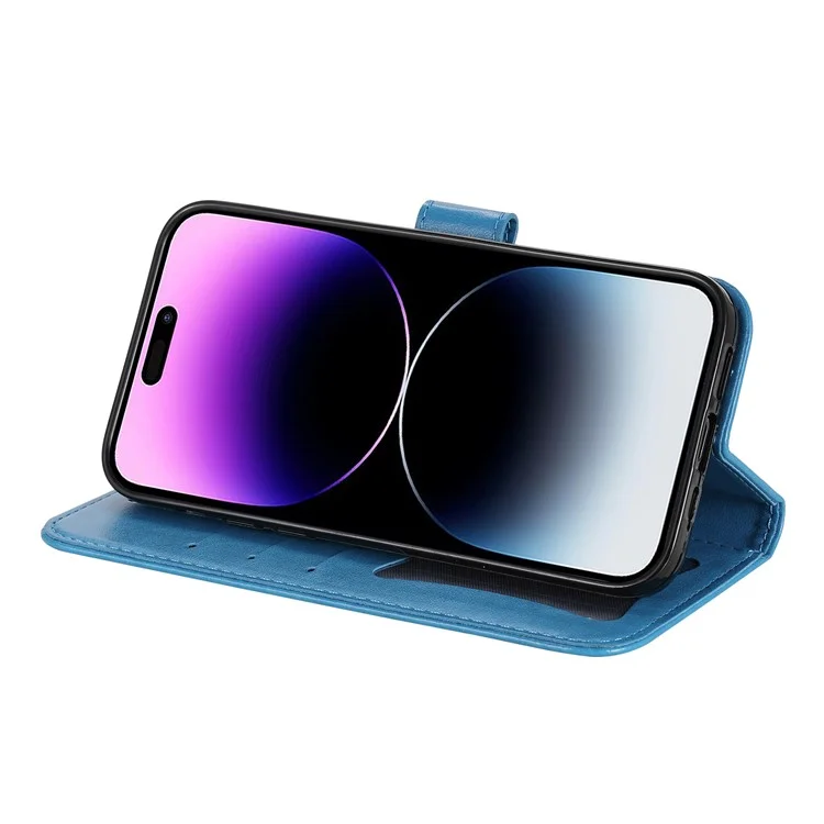 Para iPhone 15 Pro Imprinted Flower Pattern Phone Stand Case Wallet Phone Shell PU Leather Cover - Blue