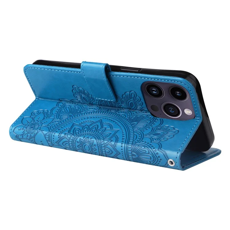 Para iPhone 15 Pro Imprinted Flower Pattern Phone Stand Case Wallet Phone Shell PU Leather Cover - Blue