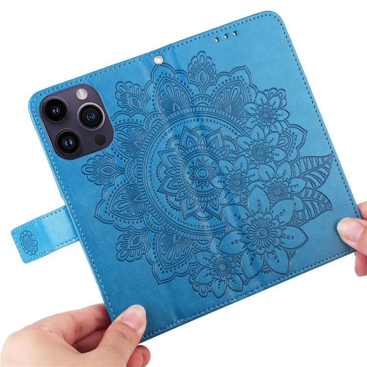 Para iPhone 15 Pro Imprinted Flower Pattern Phone Stand Case Wallet Phone Shell PU Leather Cover - Blue