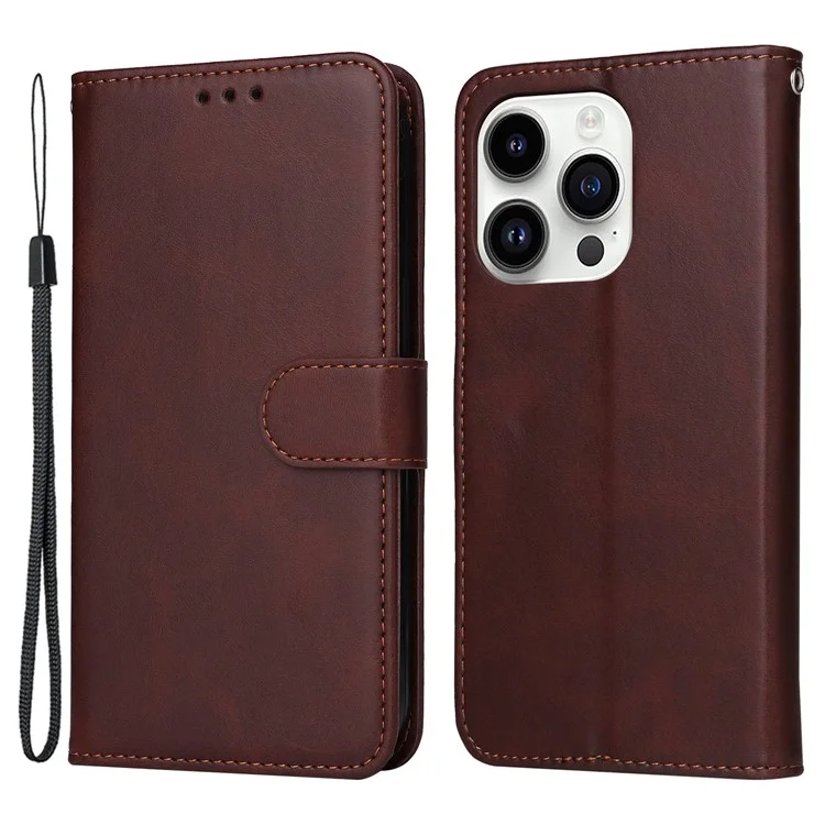 Für iPhone 15 Pro Wallet Phone Case Anti-Scratch PU Leder Kalbleder-Textur Flip Stand Phone Shell Cover - Braun