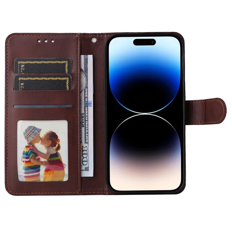 Für iPhone 15 Pro Wallet Phone Case Anti-Scratch PU Leder Kalbleder-Textur Flip Stand Phone Shell Cover - Braun