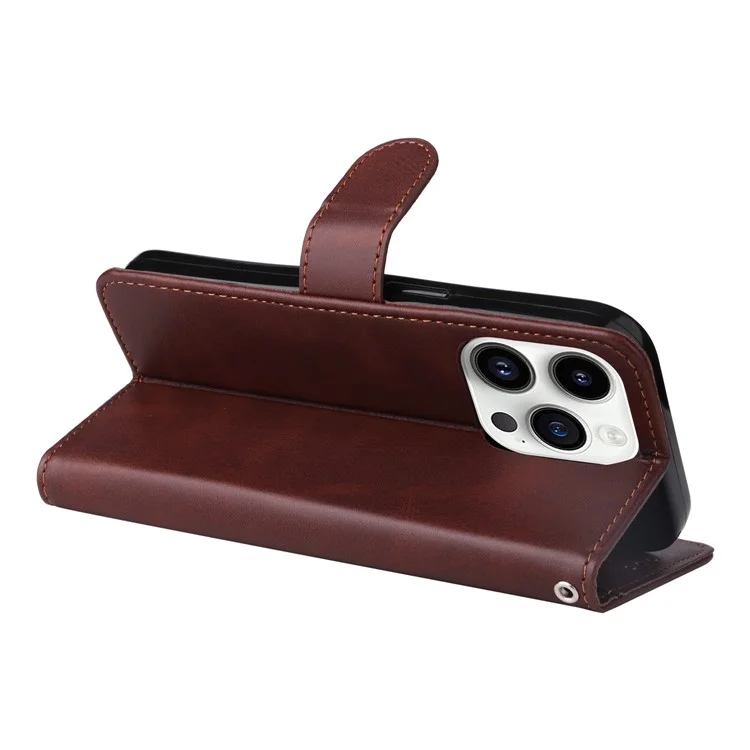 Für iPhone 15 Pro Wallet Phone Case Anti-Scratch PU Leder Kalbleder-Textur Flip Stand Phone Shell Cover - Braun
