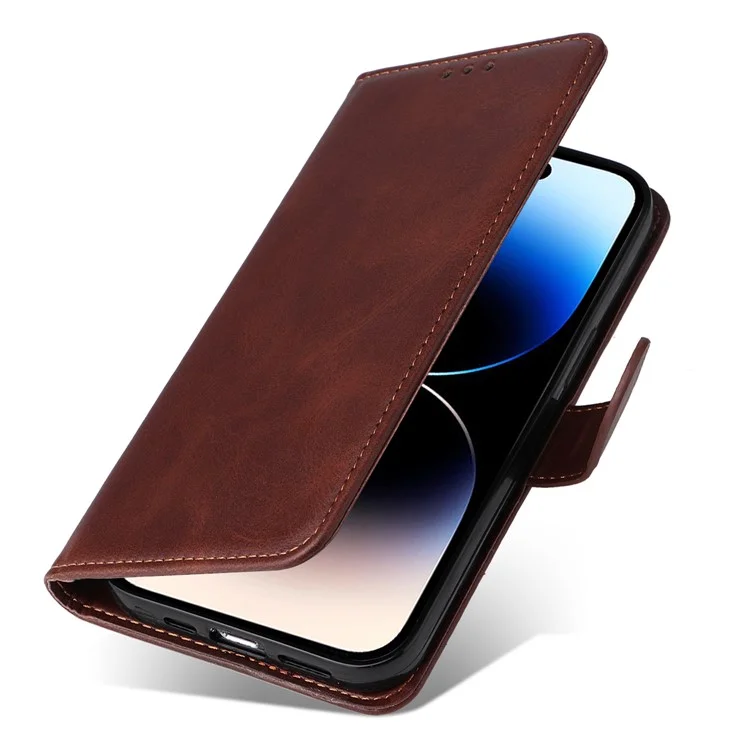 Für iPhone 15 Pro Wallet Phone Case Anti-Scratch PU Leder Kalbleder-Textur Flip Stand Phone Shell Cover - Braun