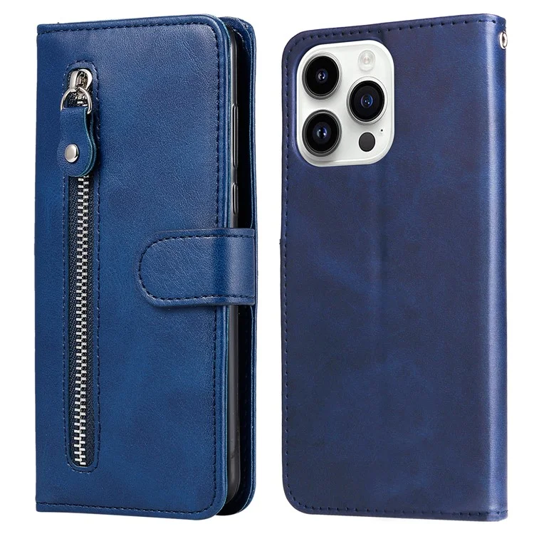 Pour iPhone 15 Pro Calf Texture Phone Case Zipper Pocket Wallet Foldable Stand Anti-Scratch Cell Phone Cover - Blue