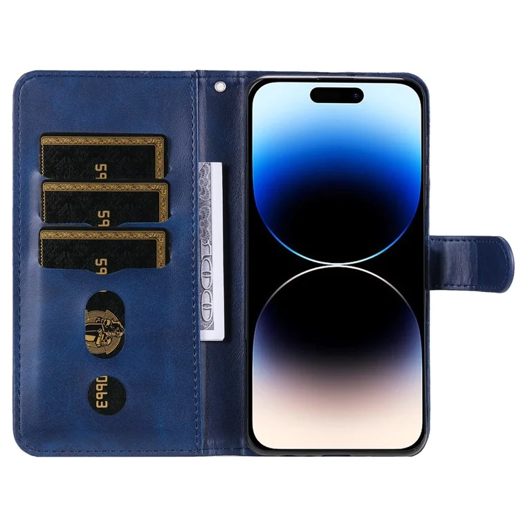 Pour iPhone 15 Pro Calf Texture Phone Case Zipper Pocket Wallet Foldable Stand Anti-Scratch Cell Phone Cover - Blue