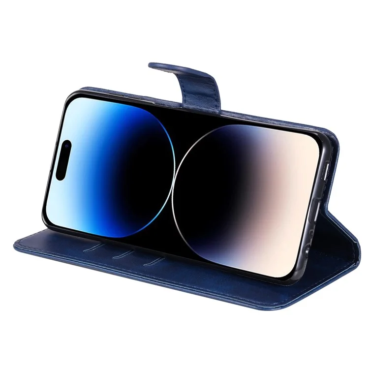 Pour iPhone 15 Pro Calf Texture Phone Case Zipper Pocket Wallet Foldable Stand Anti-Scratch Cell Phone Cover - Blue