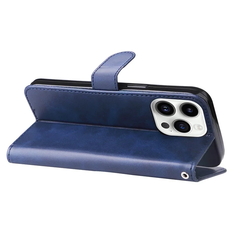 Pour iPhone 15 Pro Calf Texture Phone Case Zipper Pocket Wallet Foldable Stand Anti-Scratch Cell Phone Cover - Blue