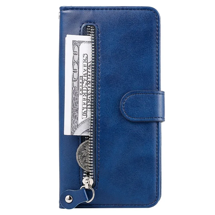 Pour iPhone 15 Pro Calf Texture Phone Case Zipper Pocket Wallet Foldable Stand Anti-Scratch Cell Phone Cover - Blue