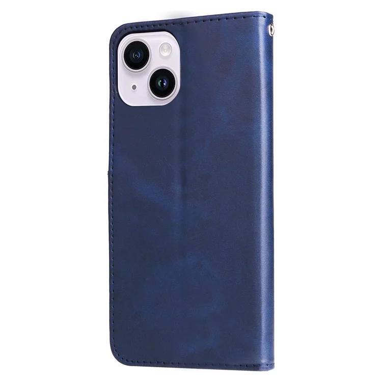 Wallet Foldable Stand Cover For iPhone 15 Plus Anti-Scratch Calf Texture Phone Case Zipper Pocket Phone Shell - Blue