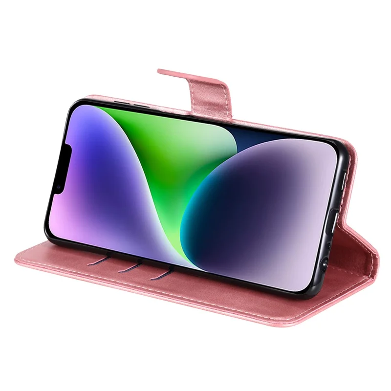 Väska vikbar stödskärm för iPhone 15 Plus repbeständig kalvläderstruktur mobilskal dragkedjeficka telefonhölse - Rosa