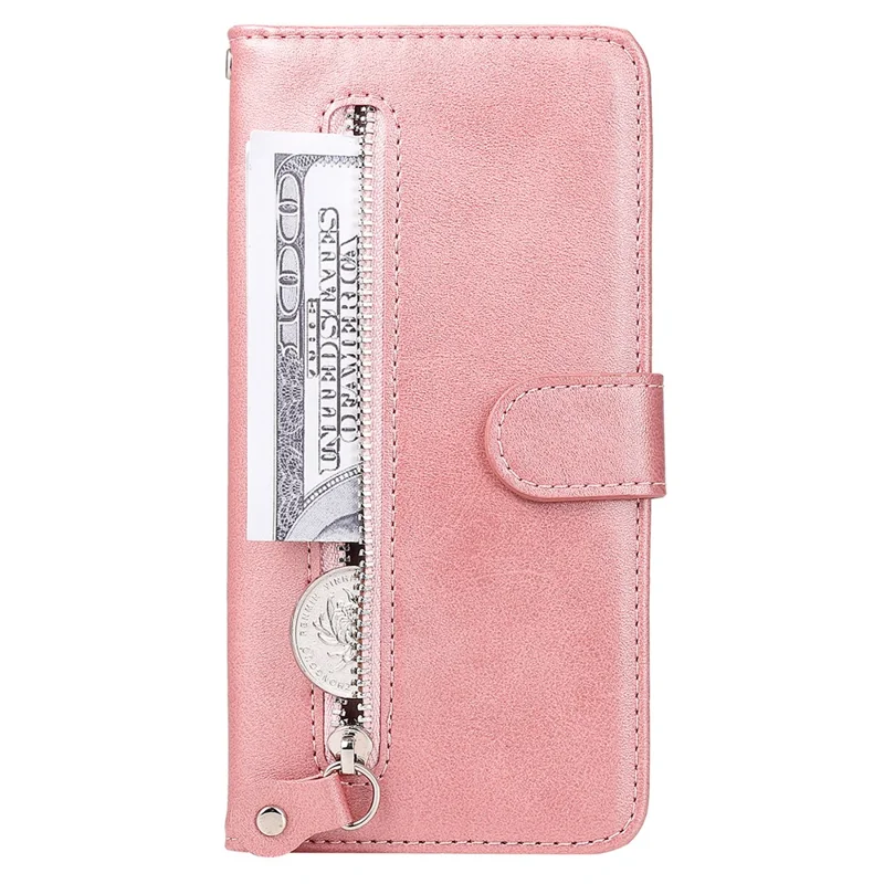 Väska vikbar stödskärm för iPhone 15 Plus repbeständig kalvläderstruktur mobilskal dragkedjeficka telefonhölse - Rosa