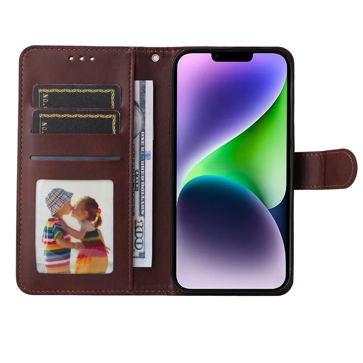 Para iPhone 15 Plus Wallet Phone Case Calf Texture Anti-Scratch PU Leather Smartphone Shell Flip Stand Cover - Marrom