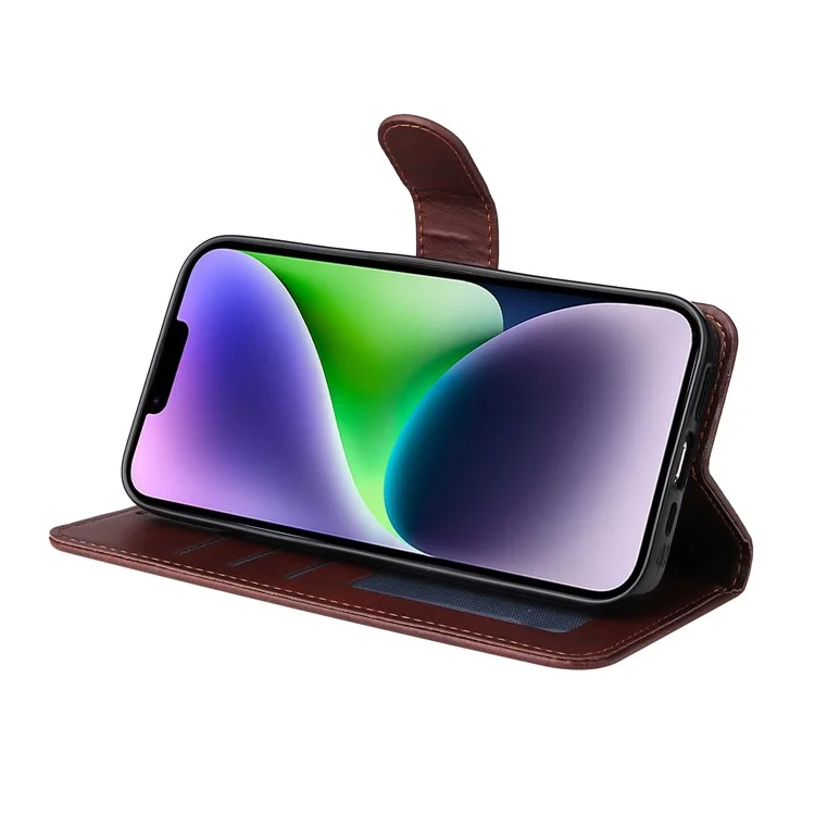 Para iPhone 15 Plus Wallet Phone Case Calf Texture Anti-Scratch PU Leather Smartphone Shell Flip Stand Cover - Marrom