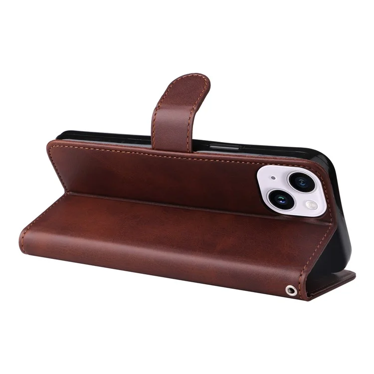 Para iPhone 15 Plus Wallet Phone Case Calf Texture Anti-Scratch PU Leather Smartphone Shell Flip Stand Cover - Marrom