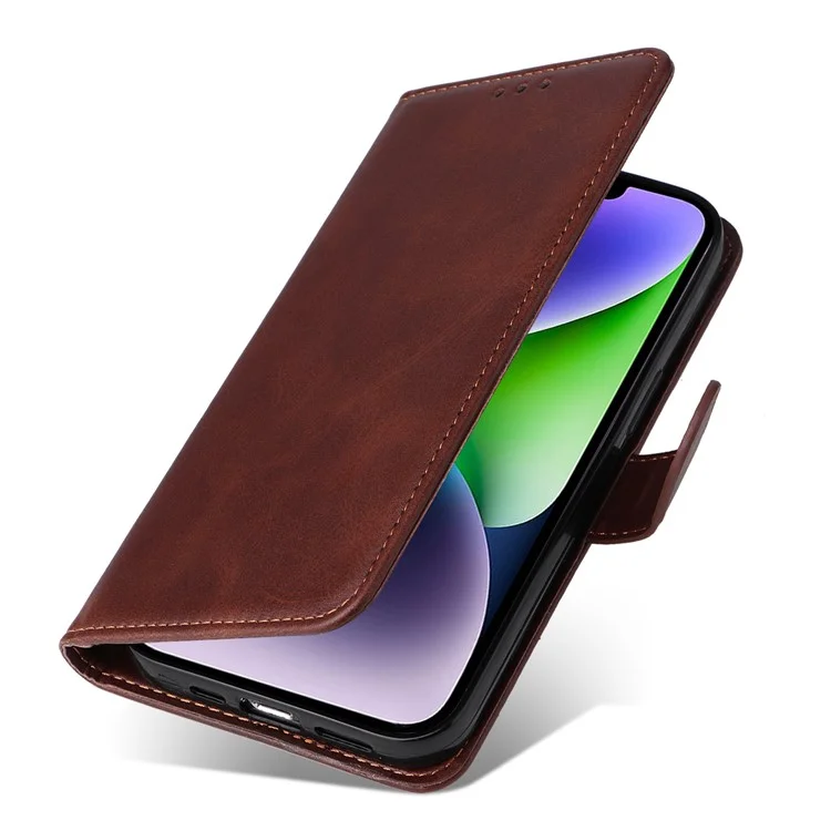 Para iPhone 15 Plus Wallet Phone Case Calf Texture Anti-Scratch PU Leather Smartphone Shell Flip Stand Cover - Marrom