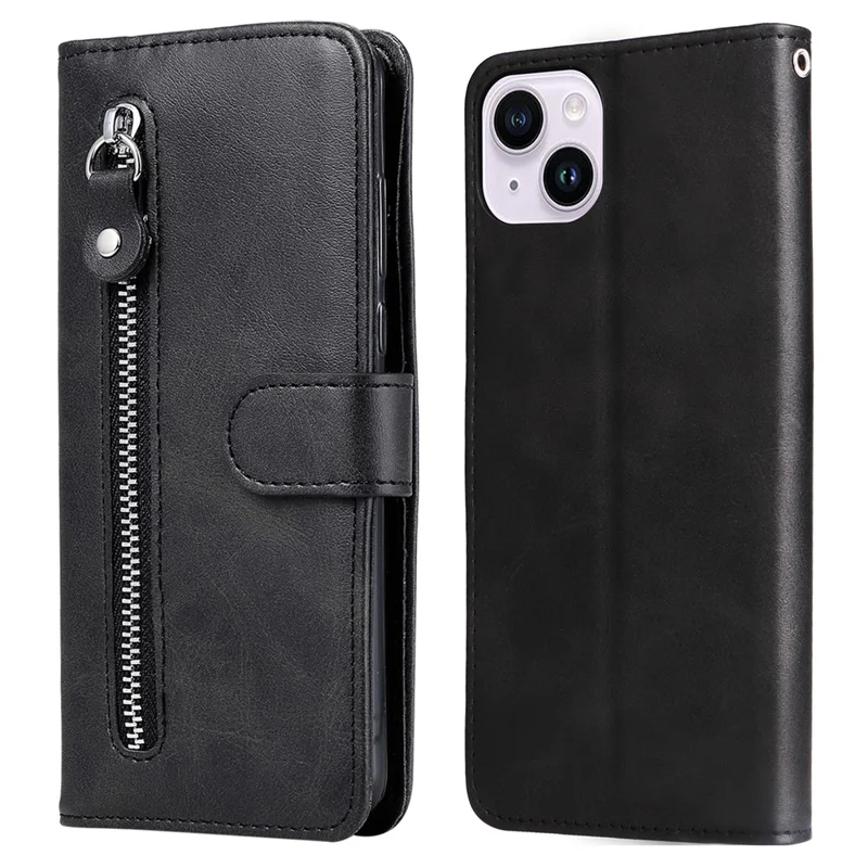 For iPhone 15 Anti-Scratch Calf Texture Phone Case Wallet Foldable Stand Cover with Zipper Pocket - Black