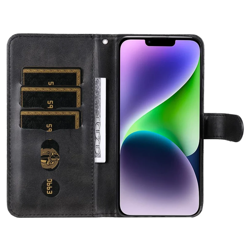 For iPhone 15 Anti-Scratch Calf Texture Phone Case Wallet Foldable Stand Cover with Zipper Pocket - Black