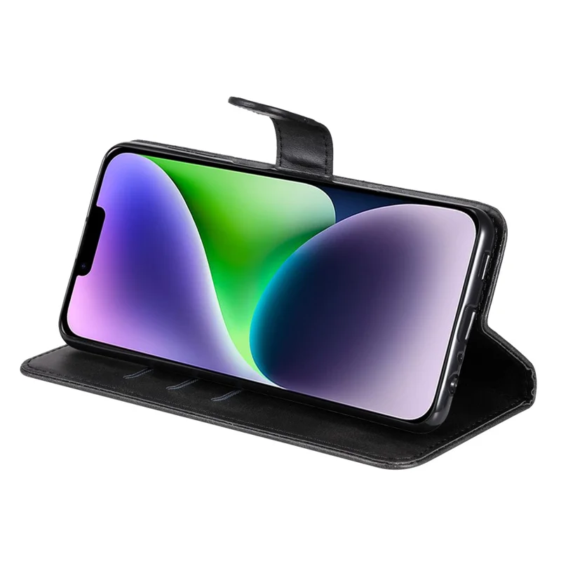 For iPhone 15 Anti-Scratch Calf Texture Phone Case Wallet Foldable Stand Cover with Zipper Pocket - Black