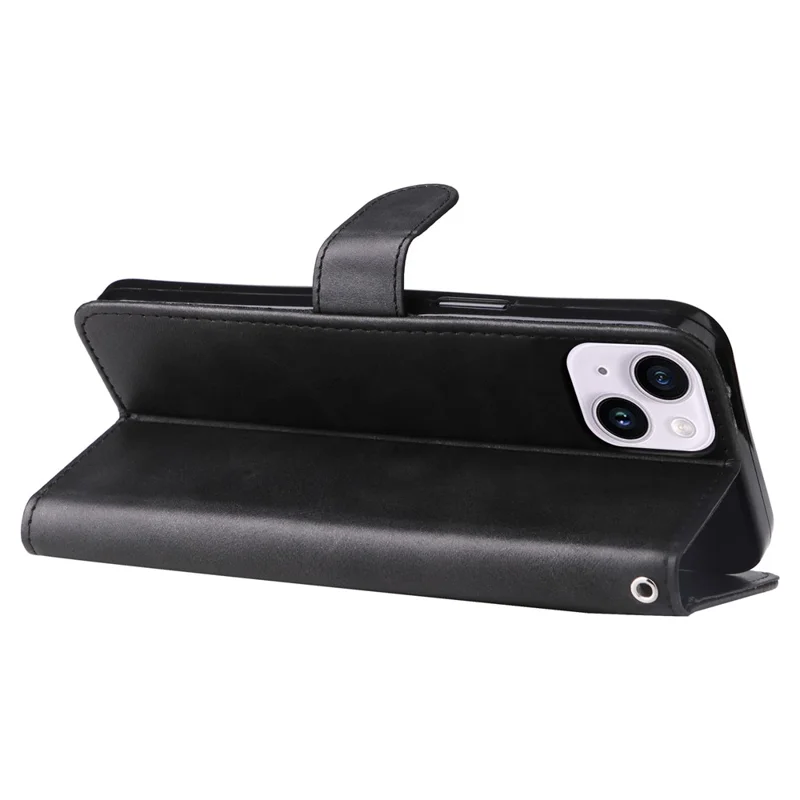For iPhone 15 Anti-Scratch Calf Texture Phone Case Wallet Foldable Stand Cover with Zipper Pocket - Black