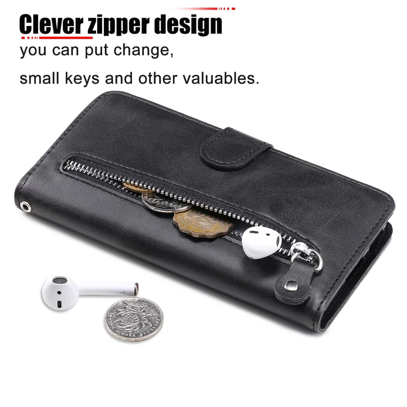 For iPhone 15 Anti-Scratch Calf Texture Phone Case Wallet Foldable Stand Cover with Zipper Pocket - Black