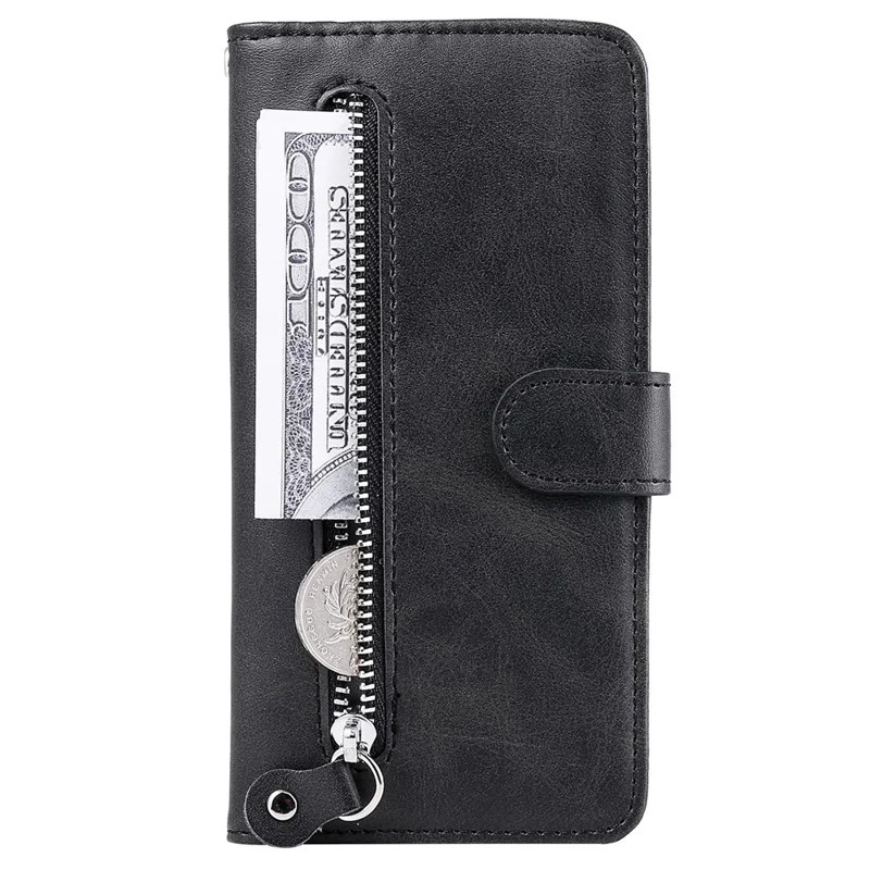 For iPhone 15 Anti-Scratch Calf Texture Phone Case Wallet Foldable Stand Cover with Zipper Pocket - Black