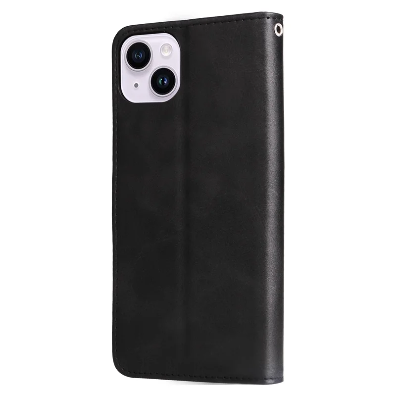 For iPhone 15 Anti-Scratch Calf Texture Phone Case Wallet Foldable Stand Cover with Zipper Pocket - Black